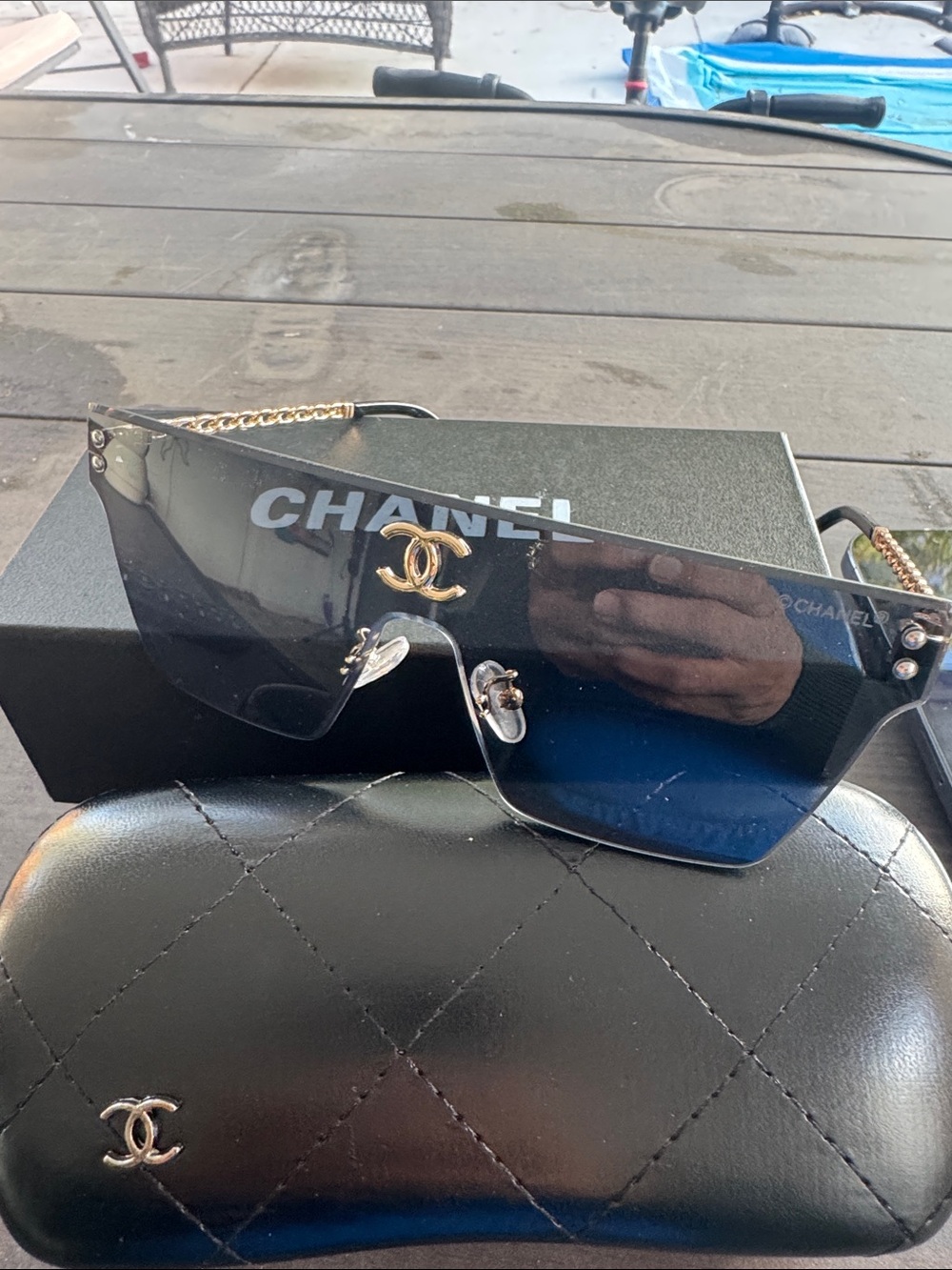 Shield Sunglasses in Black and Blue with Gold CC Accent